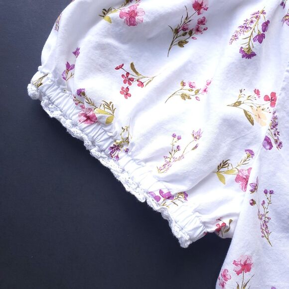 Lands End Cotton Voile Top Size L White Floral Short Puff Sleeve Cottage Prairie - Picture 4 of 8